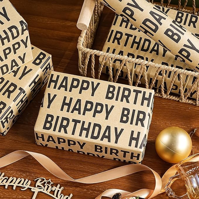 WRAPAHOLIC 30 Inch Jumbo Birthday Wrapping Paper Roll - 30 Inch x 33 Feet - Black Happy Birthday Wrapping Paper for Men Women Party Celebration