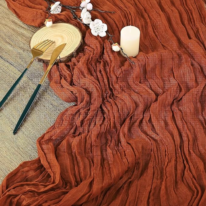 24 Pack Cheesecloth Table Runner, 35x120 Inch Terracotta Table Runners Rustic Burnt Orange Cheese Cloth Boho Gauze Semi Sheer Runner for Wedding Baby Shower Fall Thanksgiving Home Decor