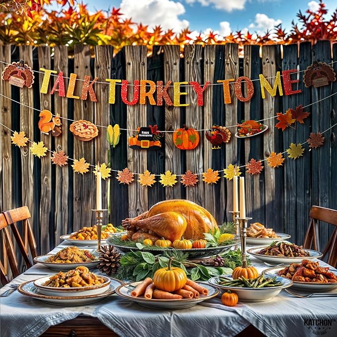 KatchOn, Talk Turkey to Me Banner - 10 Feet, 3 Strings, No DIY | Thanksgiving Turkey Banner for Thanksgiving Decorations, Friendsgiving Decor, Maple Leaf Garland for Party Supplies
