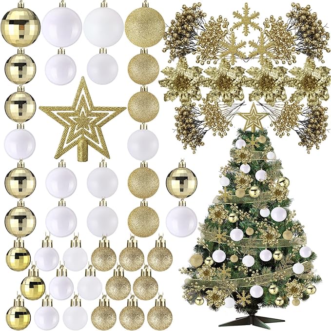Sratte 94 Pcs Christmas Tree Decorations Set, Christmas Tree Ball Ornaments Glitter Poinsettia Flowers Decorations Glitter Berries Stems for Xmas Holiday Wedding(White, Gold)
