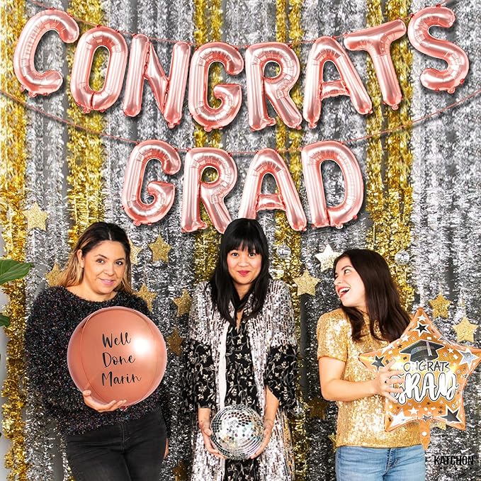 KatchOn, Rose Gold Congrats Grad Balloons - 16 Inch | Congrats Grad Balloon Banner For Graduation Decorations 2025 | Foil Balloon Banner For 2025 Graduation Party Decorations