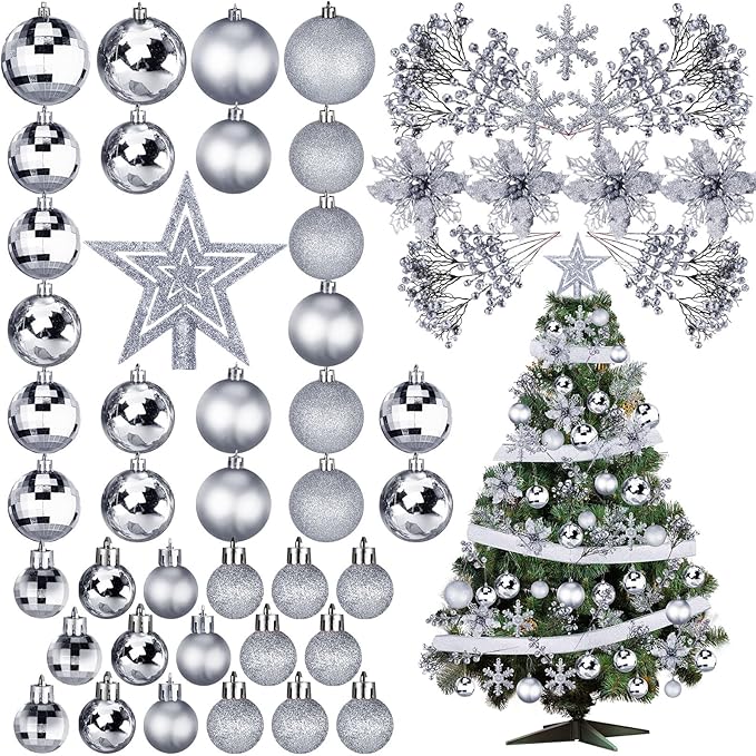 Sratte 94 Pcs Christmas Tree Decorations Set, Christmas Tree Ball Ornaments Glitter Poinsettia Flowers Decorations Glitter Berries Stems for Xmas Holiday Wedding(Silver)