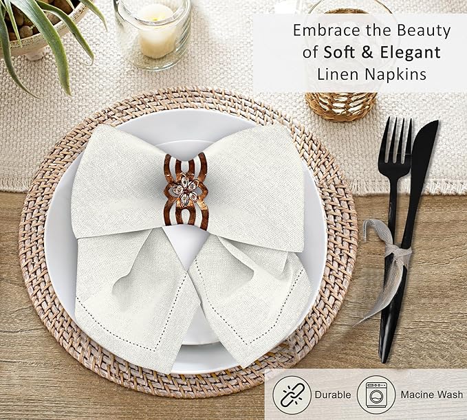 Ruvanti Premium Linen Napkins Set of 6-20x20 Inch, Classic Hemstitch, Mitered Corner Cloth Napkins - Soft, Elegant Dinner Napkins Cloth Washable for Weddings, Parties, Everyday Use - Ivory