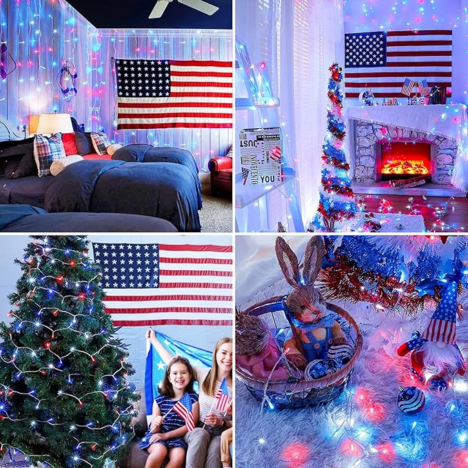 JMEXSUSS Red White and Blue Lights Clear Wire, 66 Ft 200 LED 4th of July Decorations String Lights Plug in, Christmas Light for Independence Day Celebration Party Memorial Day Patriotic Holidays Decor