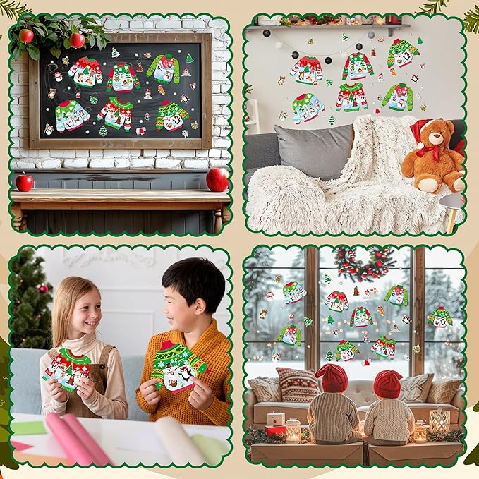 CY2SIDE 12 Set Christmas Ugly Sweater Scene Sticker Art Craft for Kids, Make A Winter Sweater Scene with Penguin Sticker, DIY Xmas Party Games for School Classroom Activities