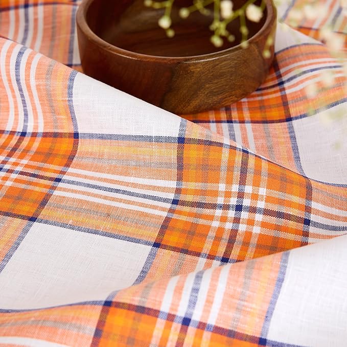 Solino Home Fall Table Runner 48 Inches - 100% Pure Linen Orange Tartan Plaid Table Runner 14 x 48 Inch Ideal for Dresser and Coffee Tables - Autumn, Thanksgiving