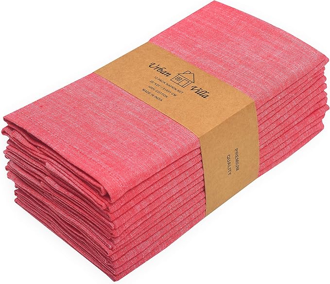 Urban Villa Dinner Napkins Red White Chambray Cloth Napkins (Set of 12) Oversized 20x20 Inches 100% Cotton Slub Premium Quality Soft Durable Mitered Corners Reusable Washable Everyday Use Napkins