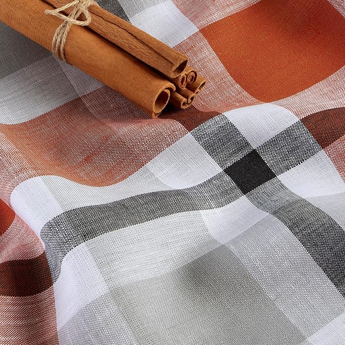 Solino Home Pure Linen Cinnamon Plaid Table Runner 14 x 108 Inch - Autumn Decor for Dining, Thanksgiving, and Fall Season - Buffalo Check Design
