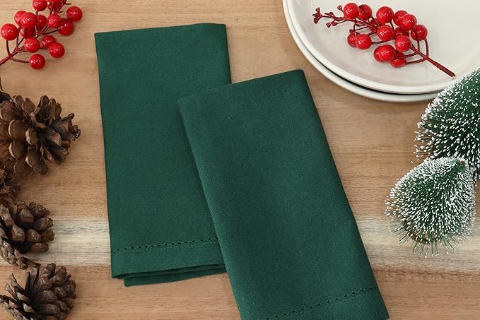 PurpleEssences Set of 12 Hemstitch Cloth Dinner Napkins 100% Cotton - Soft Durable Washable - Ideal for Wedding Fall Thanksgiving - Perfect Everyday Use Table Linen 18x18 - Forest Green