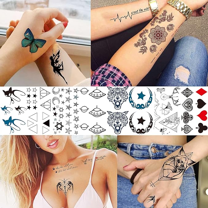 COKTAK 64 Sheets Variety Tiny Waterproof Temporary Tattoos For Men Women, Moon Star Butterfly Birds Planets Fake Tattoos For Kids Adults, Arm Neck Face Letters Temp Tattoo Temporary Tatoos Sticker Set
