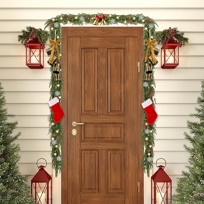 2 Pcs 6FT Christmas Garlands Norfolk Pine Garland - Real Touch Winter Pine Garland, Artificial Norfolk Tree for Indoor Outdoor Holiday Decor, Fireplace Mantel, Door, Porch (Yellow Bell)