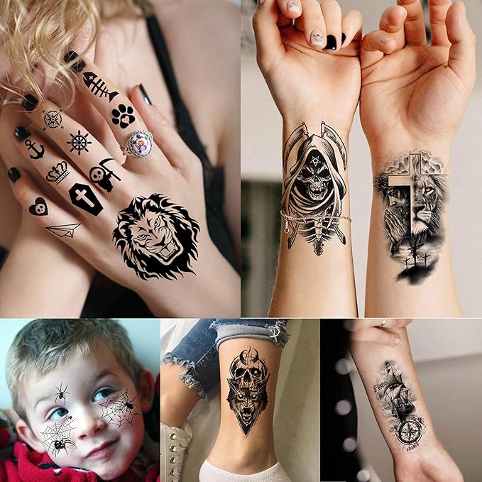 67 Sheets 3D Black Tribal Realistic Lion Temporary Tattoos for Men Women Adults, Bulk Tiger Wolf Warrior Gladiator Temp Skull Skeleton Halloween Fake Half Arm Sleeve Tattoos Stickers Legs Kit Sets