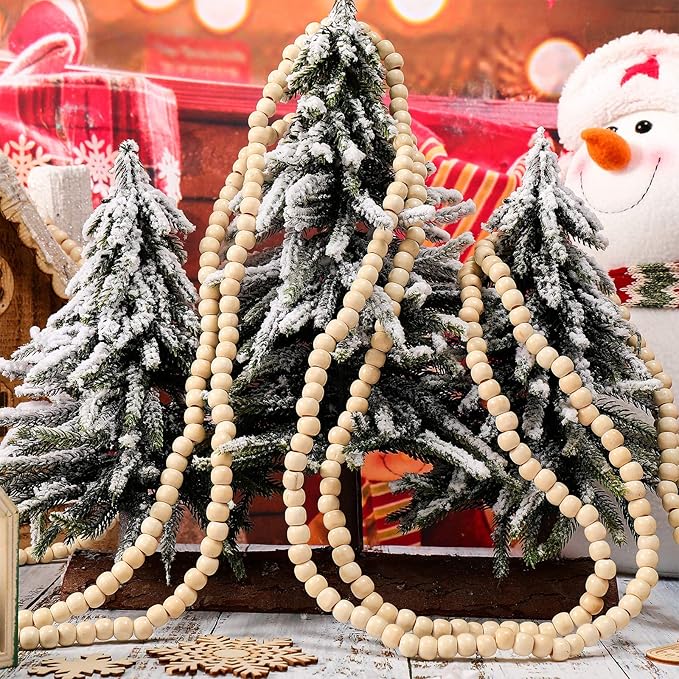 WILLBOND 16 Feet Christmas Wood Bead Garland Wooden Bead Garland for Christmas Tree Holiday Decoration (Wood Color)