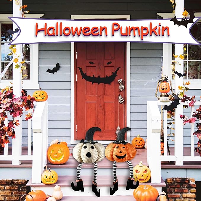 Ogrmar 2 Pcs Halloween Decorations - 23" Stuffed Plushie Pumpkin Doll with Witch Hat and Black Boots for Home Party Table Decor