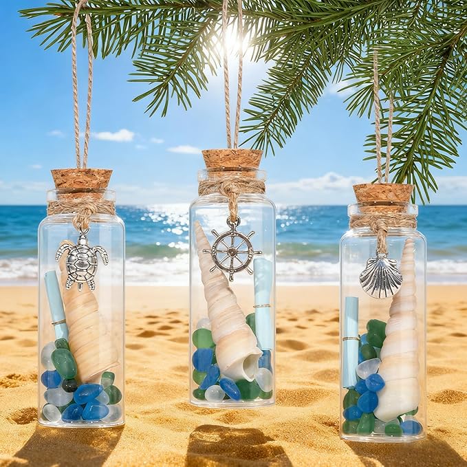 12Pcs Coastal Christmas Ornaments Set -Beach Shells Glass Bottles Keepsake with Mini Scrolls, for Home Christmas Tree Hanging Ornaments, Beachy Coastal Nautical Decor, Wedding Baby Shower Party Favors