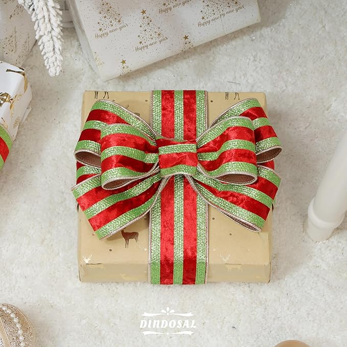 Red Velvet Wired Ribbon with Lime Green Glitter Stripe 2.5 Inch Crushed Velvet Christmas Ribbon, 10 Yards for Gift Wrapping, Crafts, Christmas Tree Decorations, Wreaths, Garlands