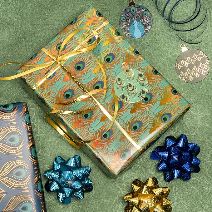 WRAPAHOLIC 30 Inch Peacock Christmas Wrapping Paper Roll - Jumbo Roll Green Peacock Elements Patterns with Metallic Foil Shine - 4 Rolls - 30 Inch x 120 Inch Per Roll