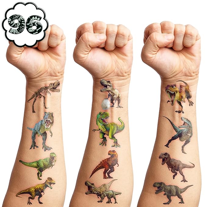 96 PCS T Rex Dinosaur Pre-Cut Temporary Tattoos Birthday Party Decorations Favors Supplies Decor 3D Tyrannosaurus Rex Dino Trex Cute Stickers Boys Girls Gift School Prizes Rewards (Normal)