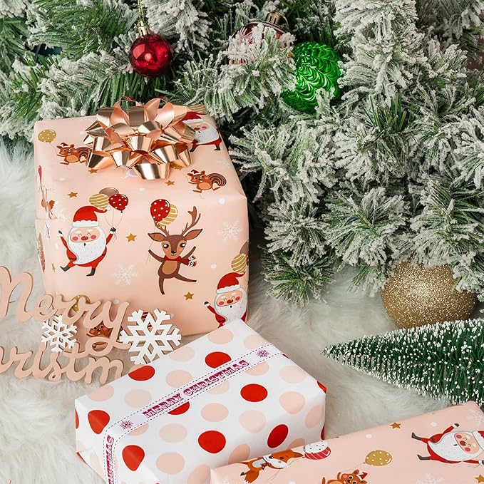 WRAPAHOLIC 30 Inch Jumbo Reversible Christmas Wrapping Paper - 30 Inch x 100 Feet Jumbo Roll Red and Pink Dancing Santa Claus Reindeer and Colorful Polka Dots Design for Christmas, Holiday, Party