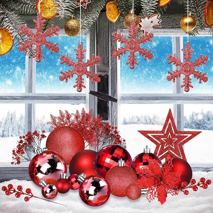 Sratte 94 Pcs Christmas Tree Decorations Set, Christmas Tree Ball Ornaments Glitter Poinsettia Flowers Decorations Glitter Berries Stems for Xmas Holiday Wedding(Red)