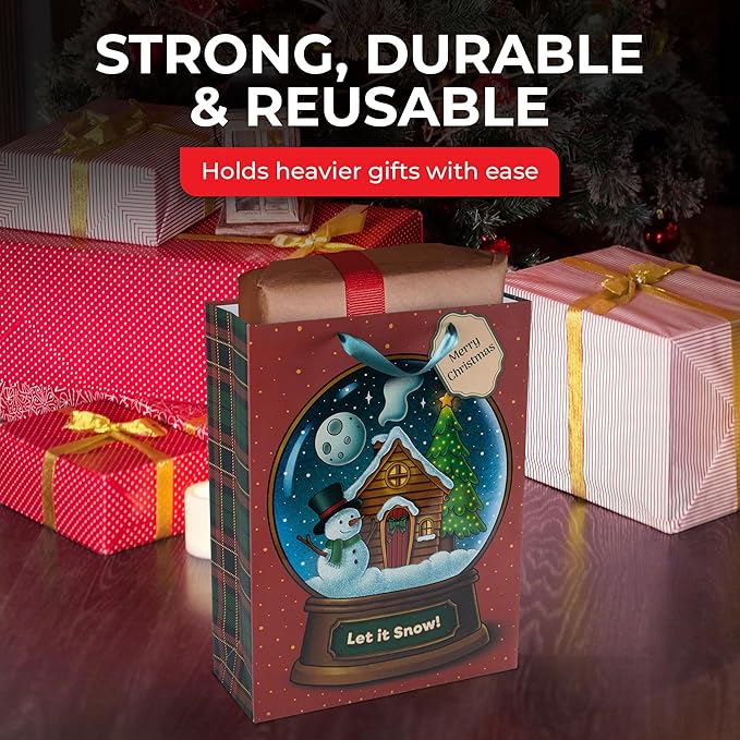 RACHELLE'S Snow Globe Christmas Gift Bag – Small 9"x7"x3" (1-Pack) – Sturdy Paper Gift Bag with Tissue Paper, Tag and Handle – Let It Snow – Perfect for Christmas Holiday Gifting & Party Favors