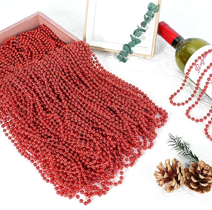 100 PCS Red Mardi Gras Beads, Red Beads Necklaces Christmas Necklaces 33" Metallic Beaded Costume Necklaces Party Necklaces for Valentines Christmas Parade Throws Wedding Birthday Party Favors