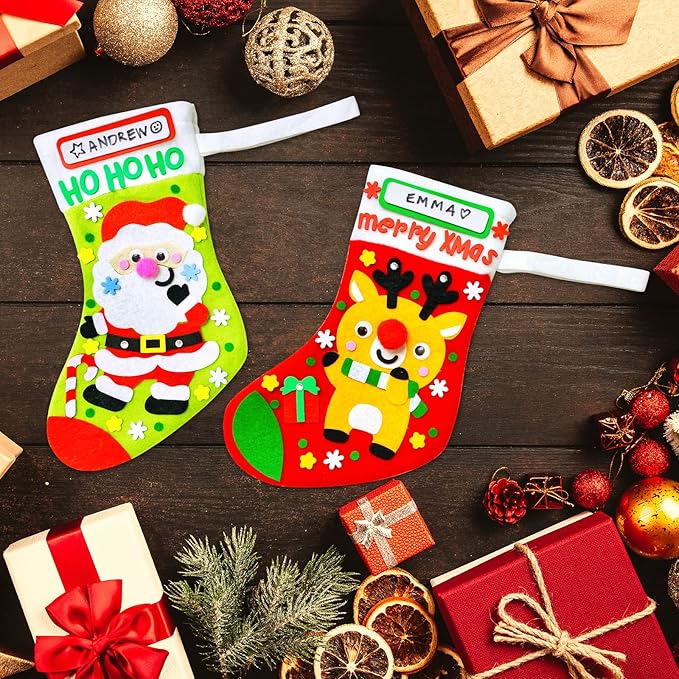 VKPI 4 Pieces Felt Christmas Stocking Craft Kits for Kids, Small 9.1" DIY Personalized Hanging Stocking, Christmas Ornament Gift, for Xmas Holiday, Party, Decorations, Santa Claus Reindeer