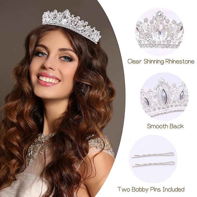 Oriamour Glamorous Crystal-Studded Wedding Crown with Leafy Accents and Combs (Silver, Normal)