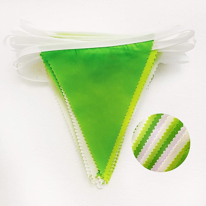 10M/32Ft Green and White Banner Party Decorations Triangle Flag Fabric Banner Cotton Pennant Bunting Garland for Wedding Birthday Home Nursery Outdoor Garden Hanging Festivals Decoration