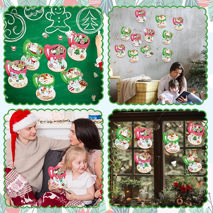 CY2SIDE 12 Set Christmas Hot Cocoa Cup Scene Sticker Art Craft for Kids, Make A Cocoa Cup Scene with Candy Sticker, DIY Xmas Party Games for School Classroom Activities