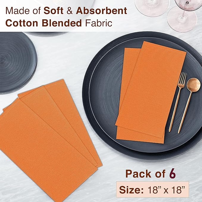 Ruvanti Cloth Napkins Set of 6, 18x18 Inches Napkins Cloth Washable, Soft, Durable, Absorbent, Cotton Blend. Table Dinner Napkins Cloth for Thanksgiving, Halloween Dinners Parties - Orange/Fall