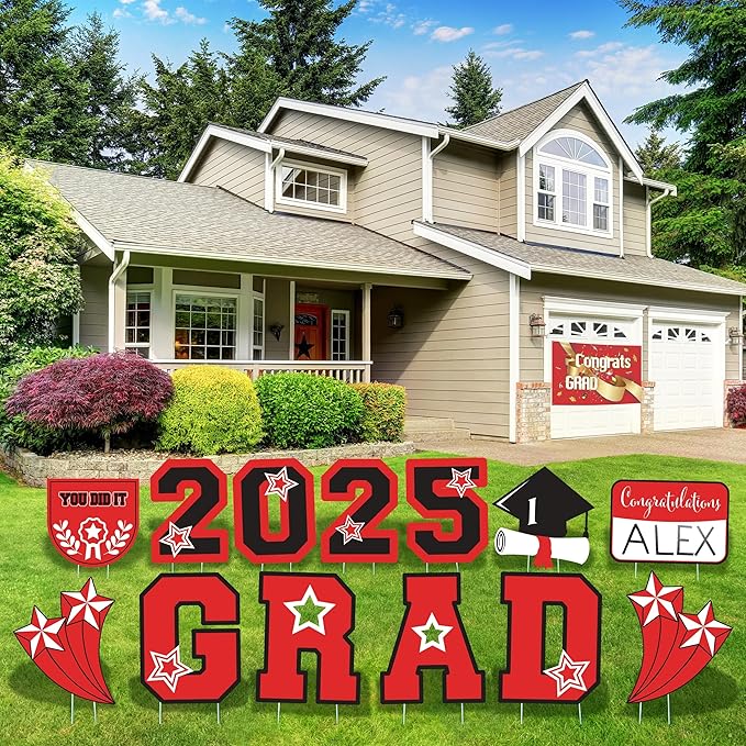 Graduation Yard Sign 2025 with Stakes, Large 2025 Graduation Lawn Signs Set (13 Pcs in Red and Black with Personalized Name DIY Board) Versatile Graduation Decorations for Grad Party Indoor or Outdoor