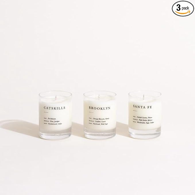 Brooklyn Candle Studio Votive Gift Set - Smoke & Woods - Luxury Scented Mini Candles, Vegan Soy Wax, Hand Poured in The USA, 70 Hour Slow Burn Time, Set of 3-3oz