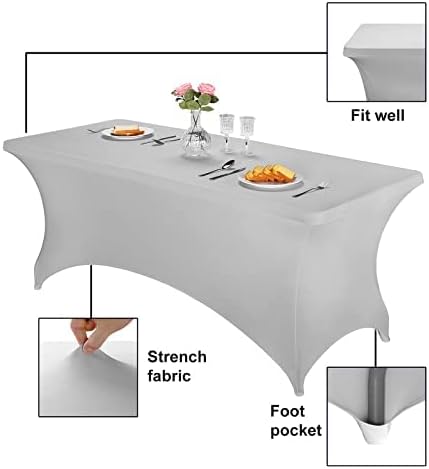 FORLIFE 2Pack Spandex Table Covers，Fitted Tablecloth for Rectangular Tables, Stretch Patio Table Covers, Universal Spandex Table Cover for Wedding, Banquet, Party (6ft, Silver)