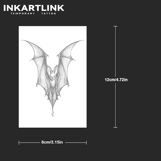 INKARTLINK Tattoo Tech, 2 Sheets Medium Semi Permanent Tattoo, Adult Art Design Temporary Tattoos, Lasts 1-2 Weeks, Waterproof, Realistic Look, No Reflection (bat)