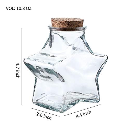 WHOLE HOUSEWARES | Star Shaped Glass Favor Jars with Cork Lids | Set of 6 | 10oz Glass Wish Bottles with Personalized Heart Shaped Label Tags and String (6)