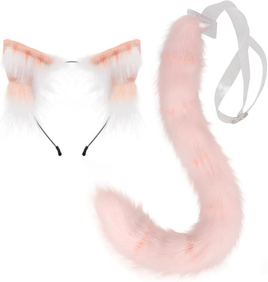QinRuan Animal Cosplay Costume Accessories Furry Faux Fur Cat Ears Headband and Fox Tail Set Halloween Accessory
