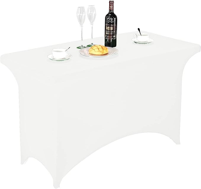 FORLIFE Fitted Spandex Table Cover - 4ft Rectangular, Stretch Patio Table Cover for Wedding, Banquet, Party (White)