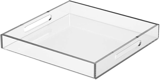NIUBEE Acrylic Serving Tray 10x10 Inches -Spill Proof- Clear Decorative Tray Organiser for Ottoman Coffee Table Countertop with Handles
