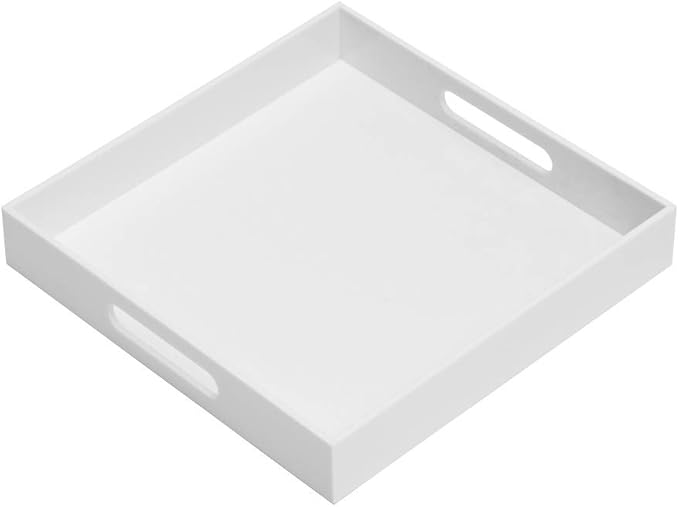 Glossy White Sturdy Acrylic Serving Tray with Handles-14x14Inch-Serving Coffee,Appetizer,Breakfast,Butler-Kitchen Countertop Tray-Makeup Drawer Organizer-Vanity Table-Ottoman Tray