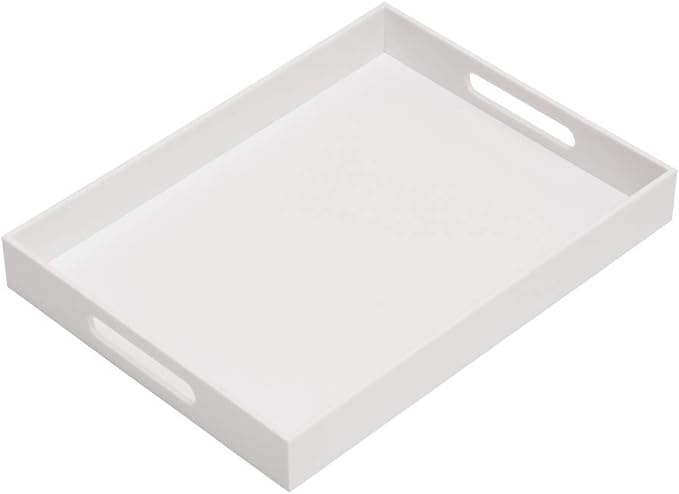 Glossy White Acrylic Serving Tray, 12x16Inch, Sturdy Kitchen Countertop Organizer, Decorative Vanity Table Tray, Ottoman Tray, 3/16 inch Thickness