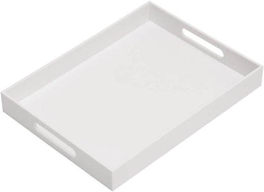 Glossy White Acrylic Serving Tray, 12x16Inch, Sturdy Kitchen Countertop Organizer, Decorative Vanity Table Tray, Ottoman Tray, 3/16 inch Thickness