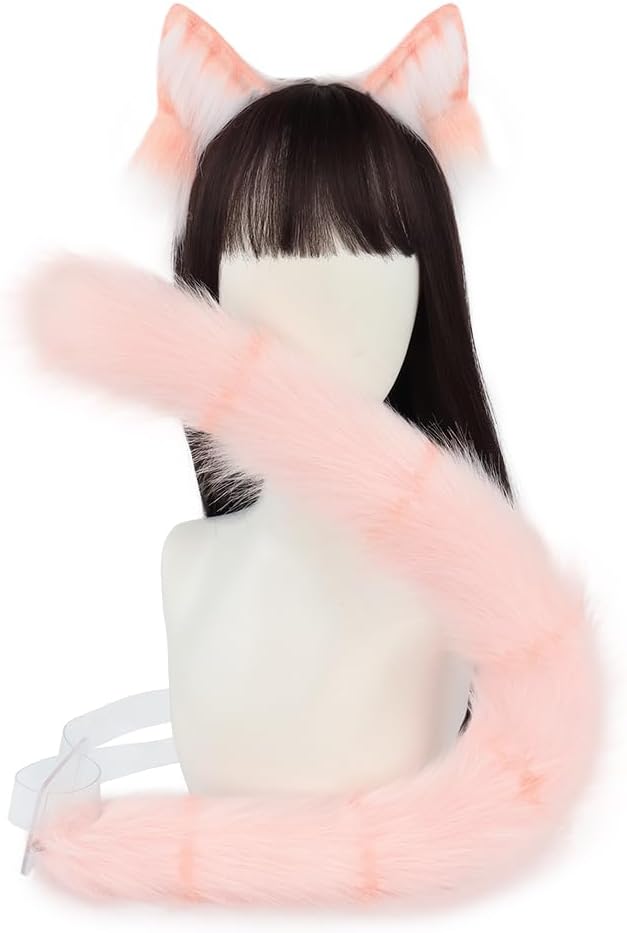 QinRuan Animal Cosplay Costume Accessories Furry Faux Fur Cat Ears Headband and Fox Tail Set Halloween Accessory
