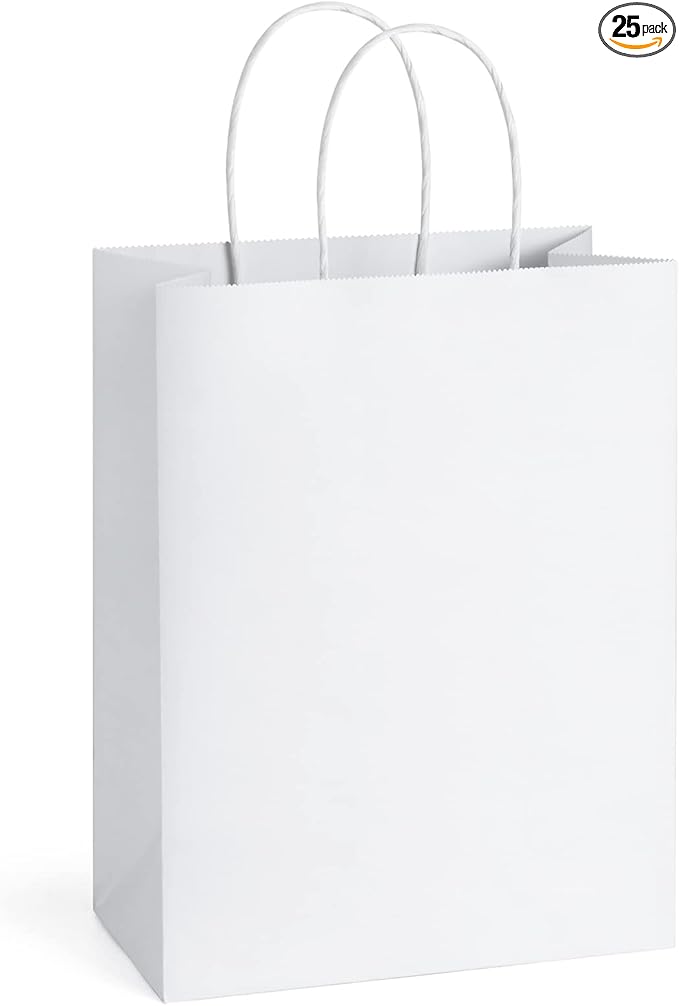BagDream 25Pcs White Gift Bags 8x4.25x10.5 Kraft Paper for Gifts, Shopping Retail Merchandise Grocery Sacks, White Paper Bags with Handles Bulk Medium