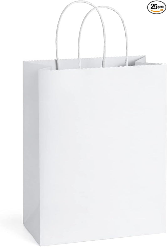 BagDream 25Pcs White Gift Bags 8x4.25x10.5 Kraft Paper for Gifts, Shopping Retail Merchandise Grocery Sacks, White Paper Bags with Handles Bulk Medium