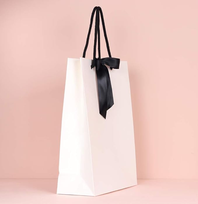 PAPERIST 10pcs Elegance Gift Bag with Satin Bows Ribbon, Sturdy Durable Thick Gift Bag, White gift bag with Black handle and Ribbon, Gift bag for Wedding, Christmas, Birthday Party, Bridal Shower