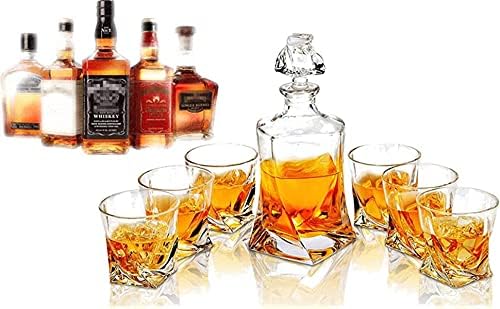 Whiskey Decanter Glasses Set Lead-Free Crystal Glass Scotch Tasting Cups Wine Bottle for Drinking Irish Whisky Bourbon Tequila tumbler (Twist, 1 Decanter & 6 Glasses Set)