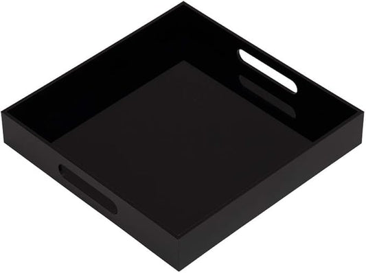 Glossy Black Sturdy Acrylic Serving Tray with Handles - 12x12 Inch Multipurpose Tray for Coffee, Appetizers, Breakfast, and More