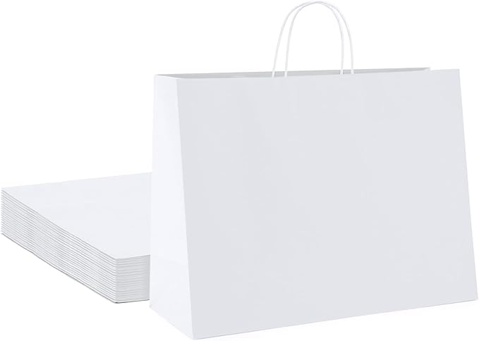 METRONIC 16x6x12 Inch White Paper Gift Bags 25Pcs, Gift Wrap Bags with Handles, Kraft Paper Bag for Small Business, Heavy Duty Bulk Bag for Birthday Party Favors, Shopping, Retail