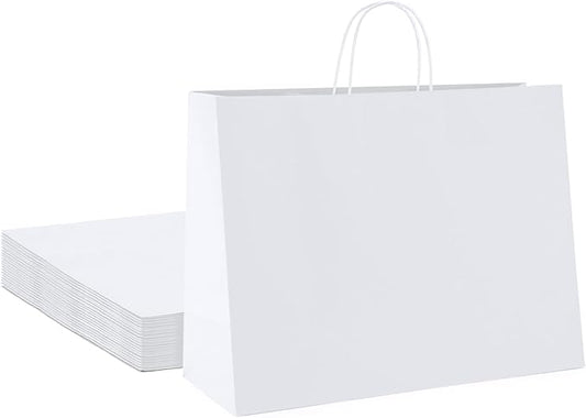 METRONIC 16x6x12 Inch White Paper Gift Bags 25Pcs, Gift Wrap Bags with Handles, Kraft Paper Bag for Small Business, Heavy Duty Bulk Bag for Birthday Party Favors, Shopping, Retail
